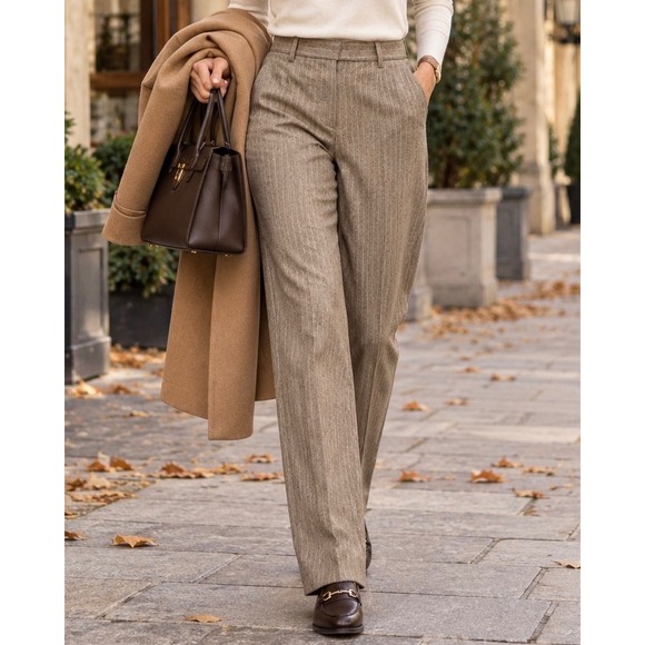 Escada Pants - ESCADA Vintage Beige Pinstripe Pure New Wool High Rise Straight Leg Trousers, 30